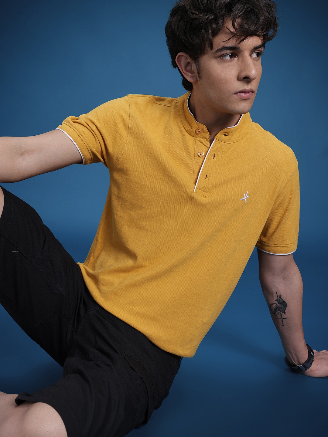 

The Roadster Life Co. Mandarin Collar Pure Cotton T-shirt, Mustard