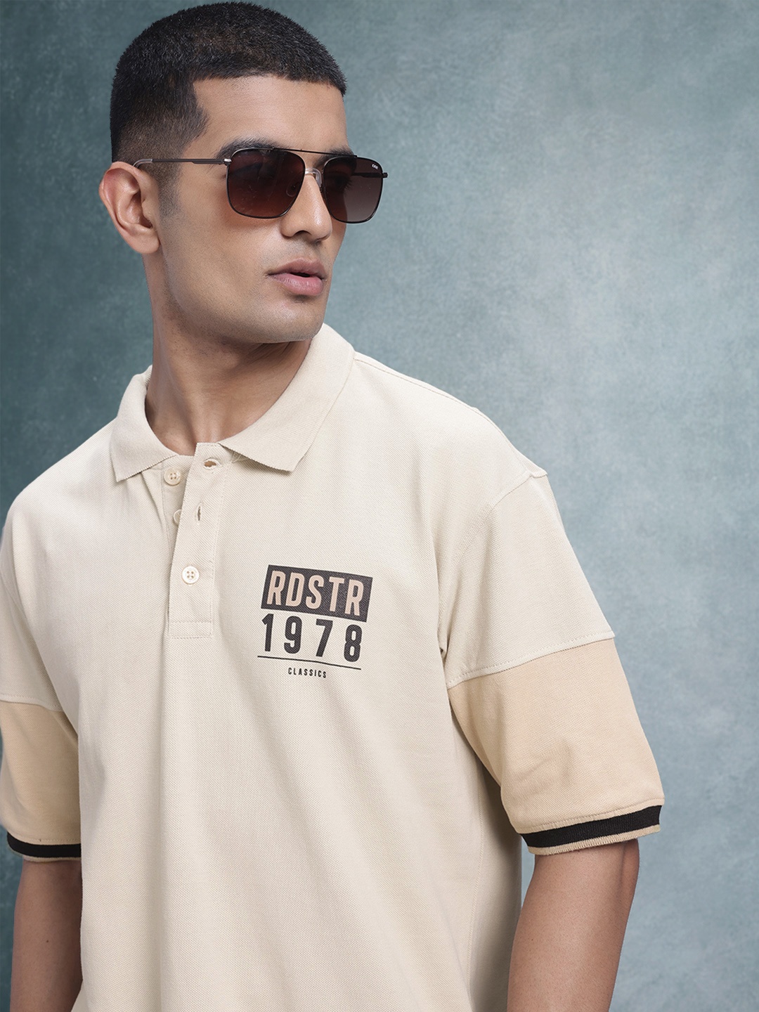 

The Roadster Life Co. Polo Collar Drop-Shoulder Sleeves Pure Cotton T-shirt, Beige