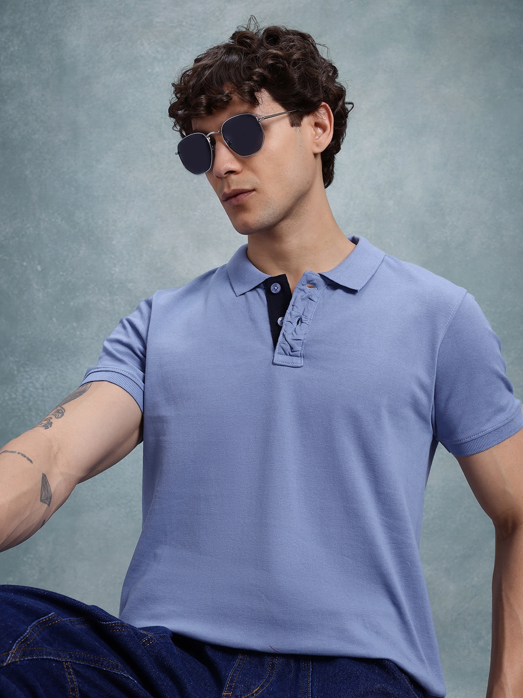 

The Roadster Life Co. Polo Collar Pure Cotton T-shirt, Blue