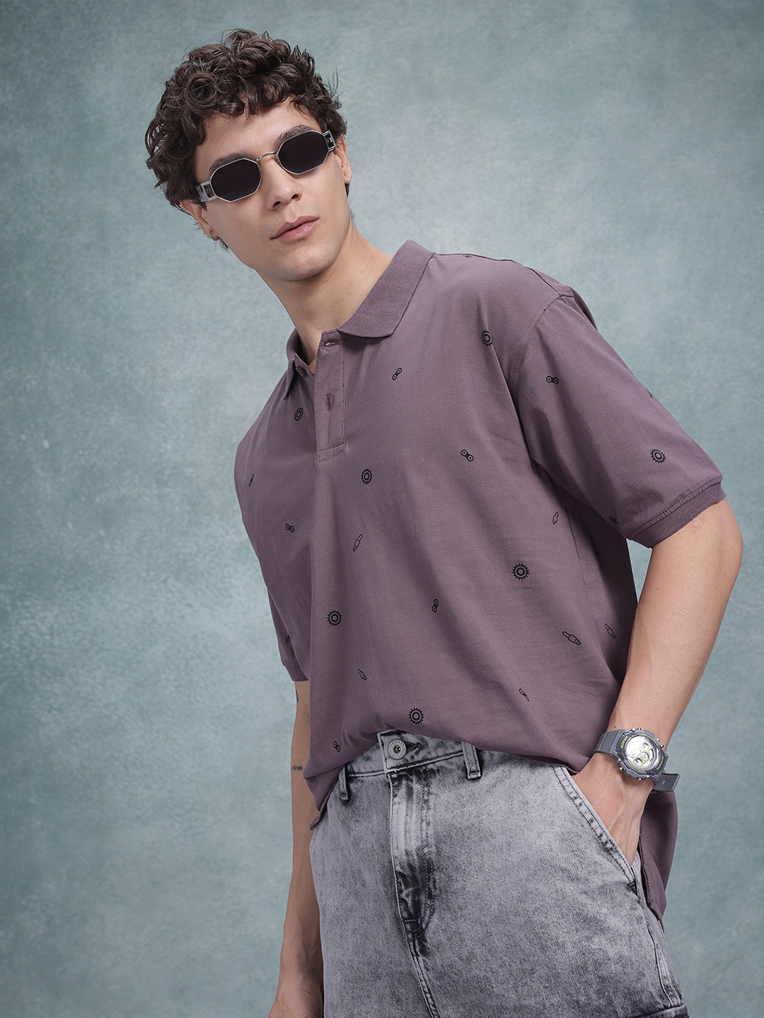 

The Roadster Life Co. Conversational Print Pure Cotton Polo Collar T-shirt, Purple