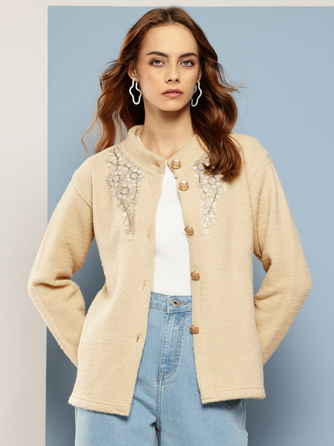 

Aarika Woollen Cardigan with Floral Embroidered Detail, Beige