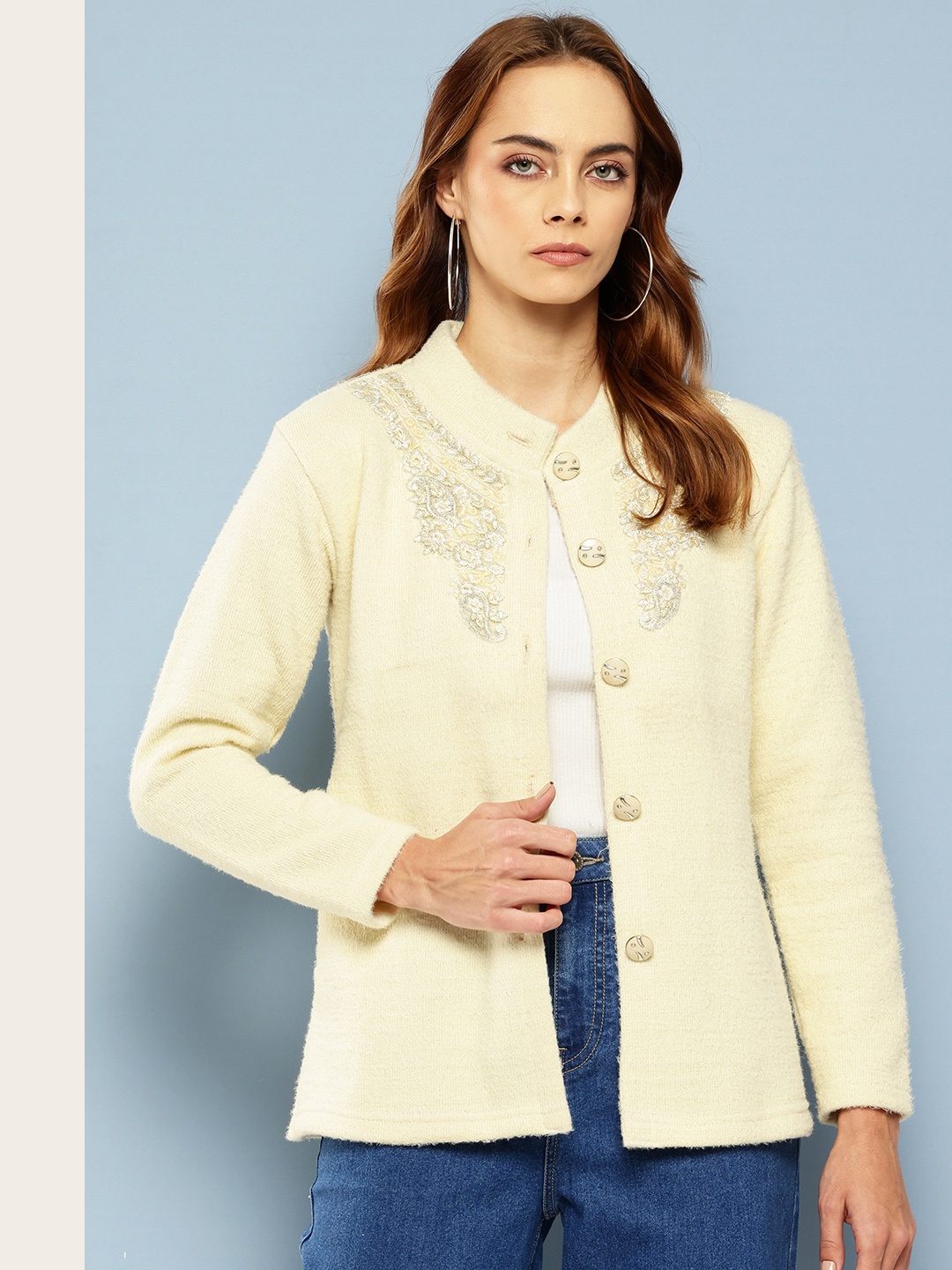 

Aarika Woollen Cardigan with Floral Embroidered Detail, Yellow