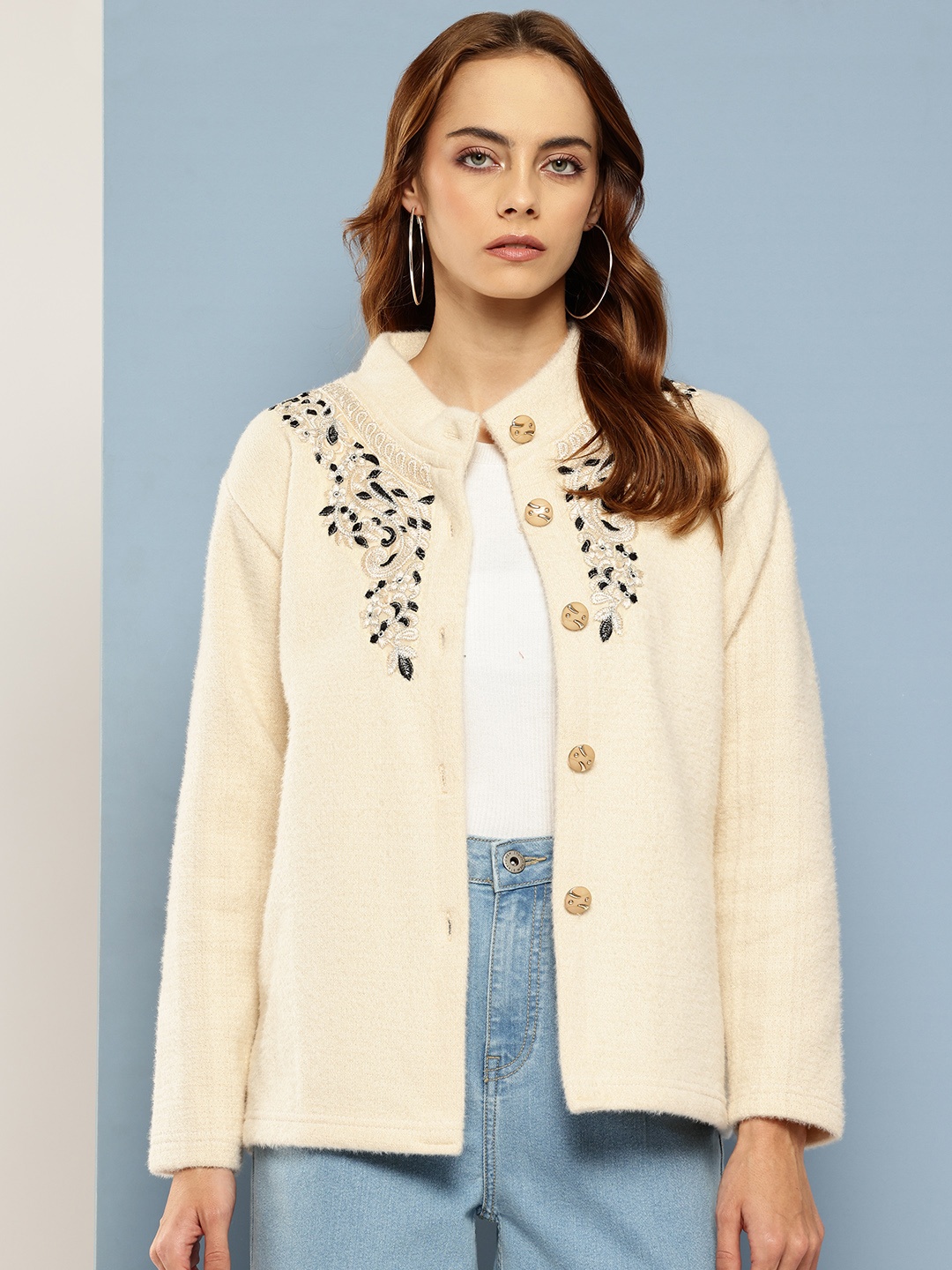 

Aarika Floral Woollen Cardigan, Cream