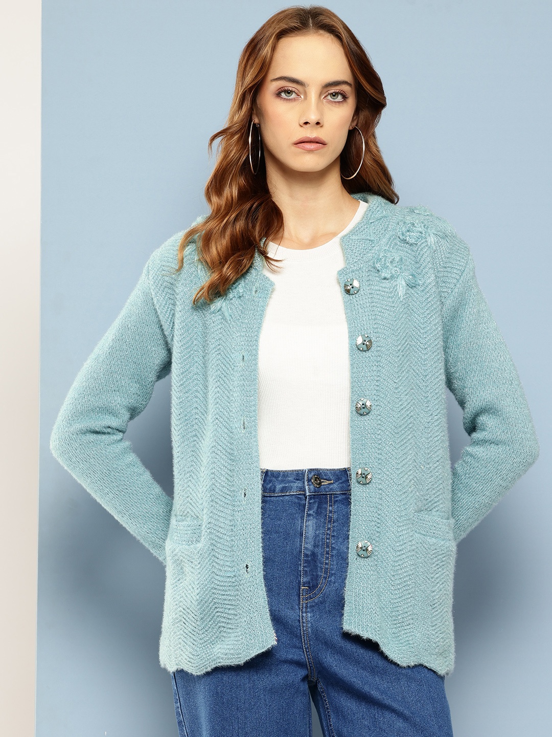 

Aarika Chevron Woollen Cardigan with Fuzzy Detail, Sea green