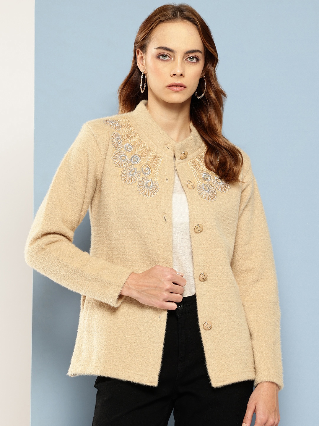 

Aarika Floral Woollen Cardigan with Embroidered Detail, Beige