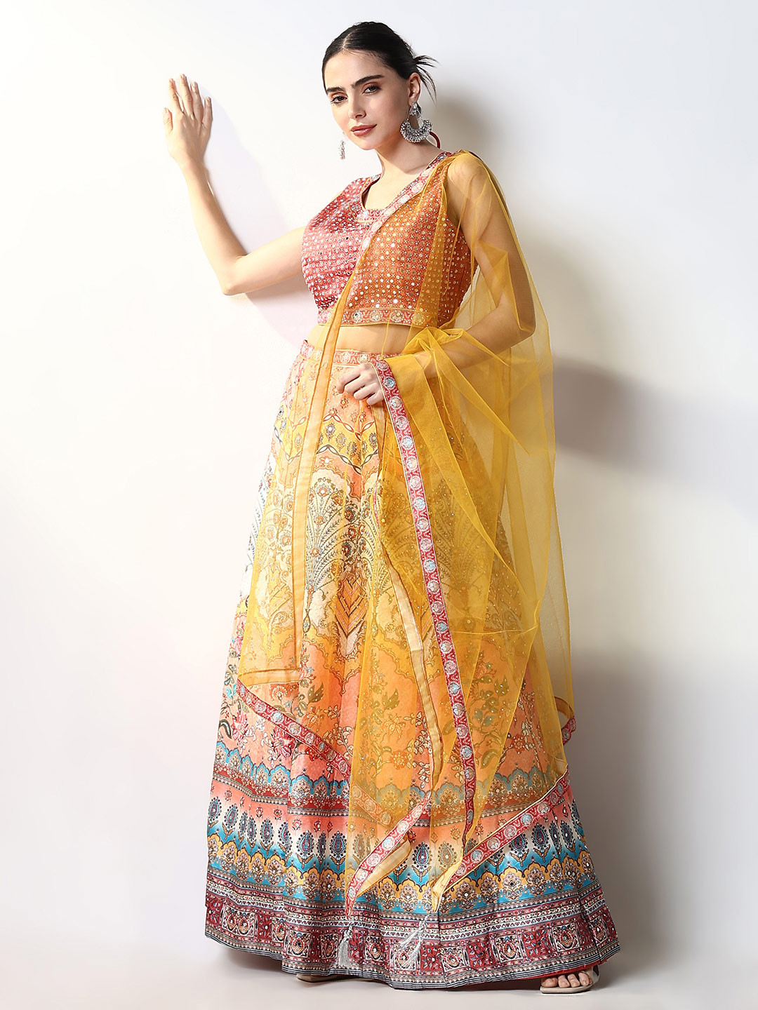 

SHOWOFF Embellished Mirror Work Ready to Wear Lehenga & Blouse With Dupatta, Orange