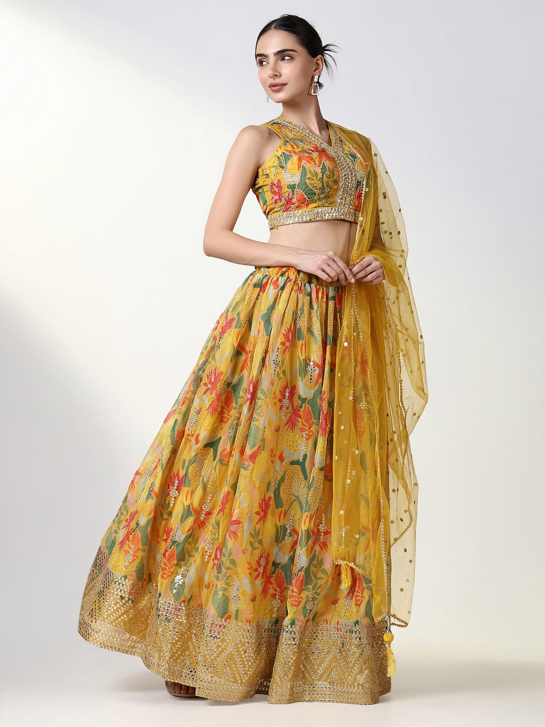 

SHOWOFF Printed Beads and Stones Ready to Wear Lehenga & Blouse With Dupatta, Yellow