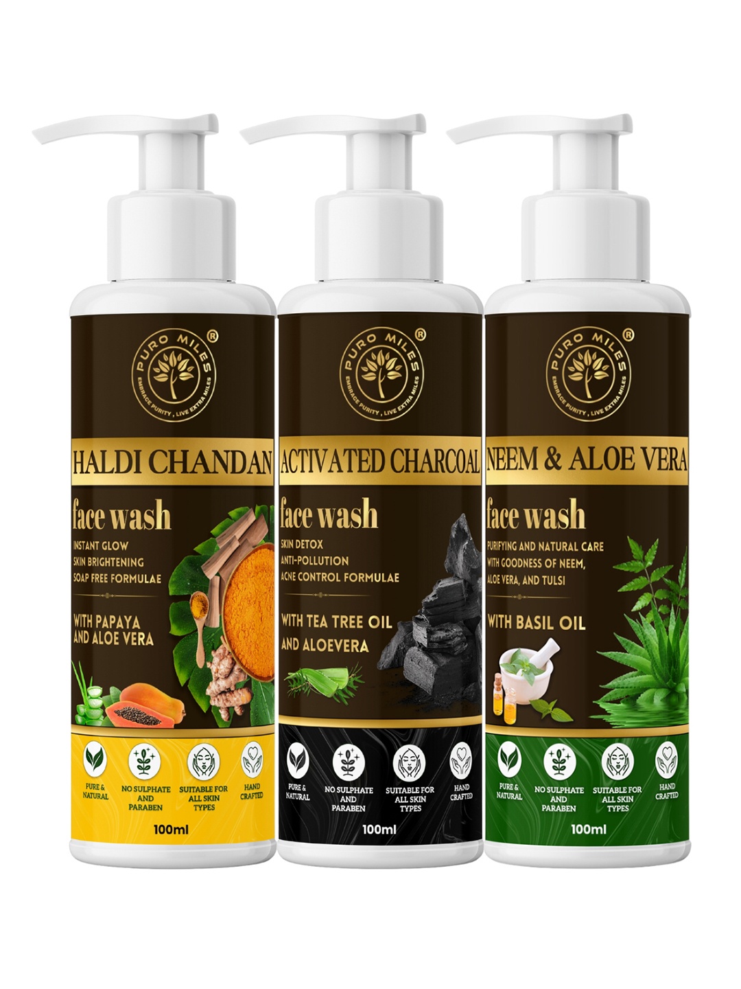 

Puro Miles Set Of 3 Haldi Chandan - Activated Charcoal & Aloevera Face Wash - 100 ml Each, White