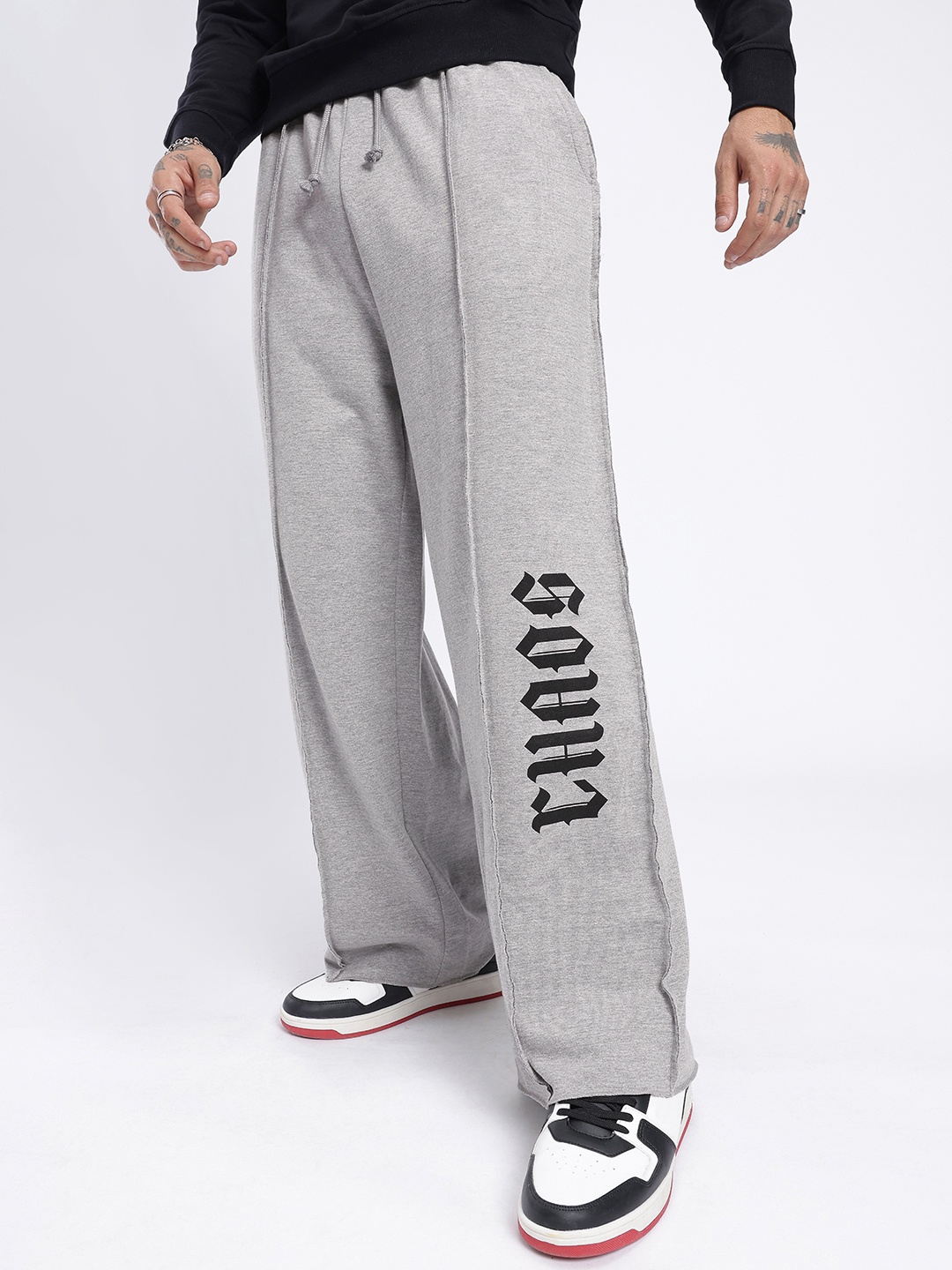 

glitchez Men Downtown Dope Printed Cotton Terry Relaxed Track Pants, Grey melange