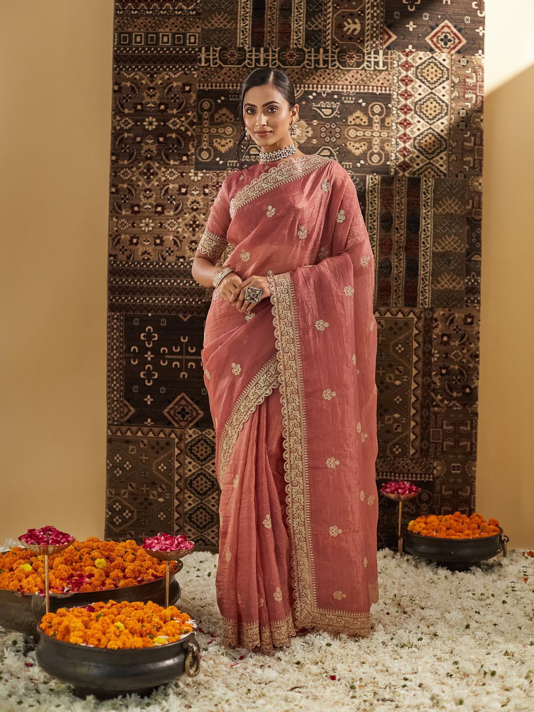 

kasee Embellished Zardozi Silk Blend Saree, Pink