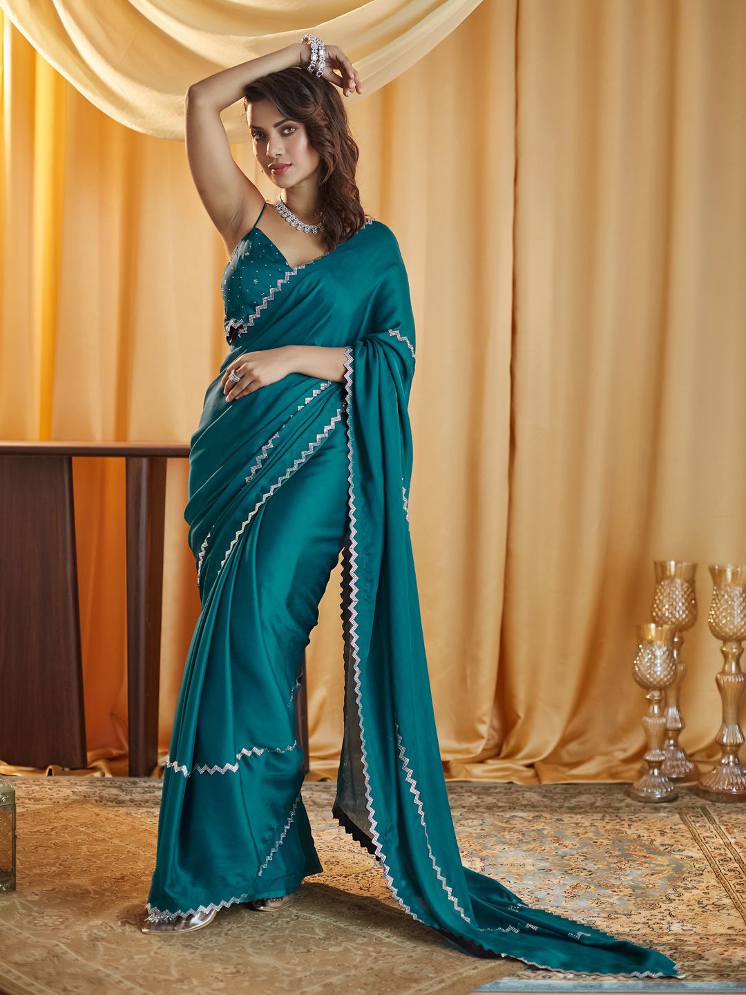 

kasee Beads and Stones Pure Chiffon Saree, Teal