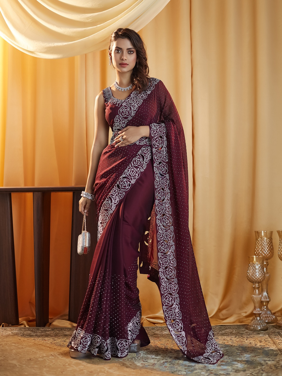 

kasee Embellished Beads and Stones Saree, Magenta