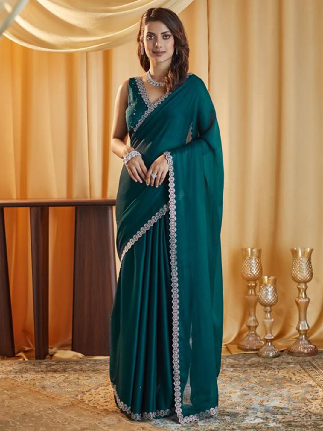 

kasee Beads and Stones Pure Chiffon Saree, Teal