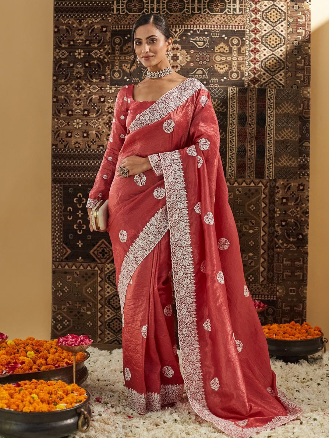 

kasee Floral Chikankari Silk Blend Saree, Rust