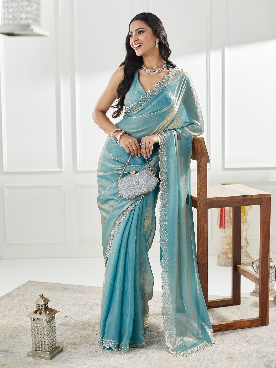 

kasee Beads and Stones Pure Silk Saree, Teal