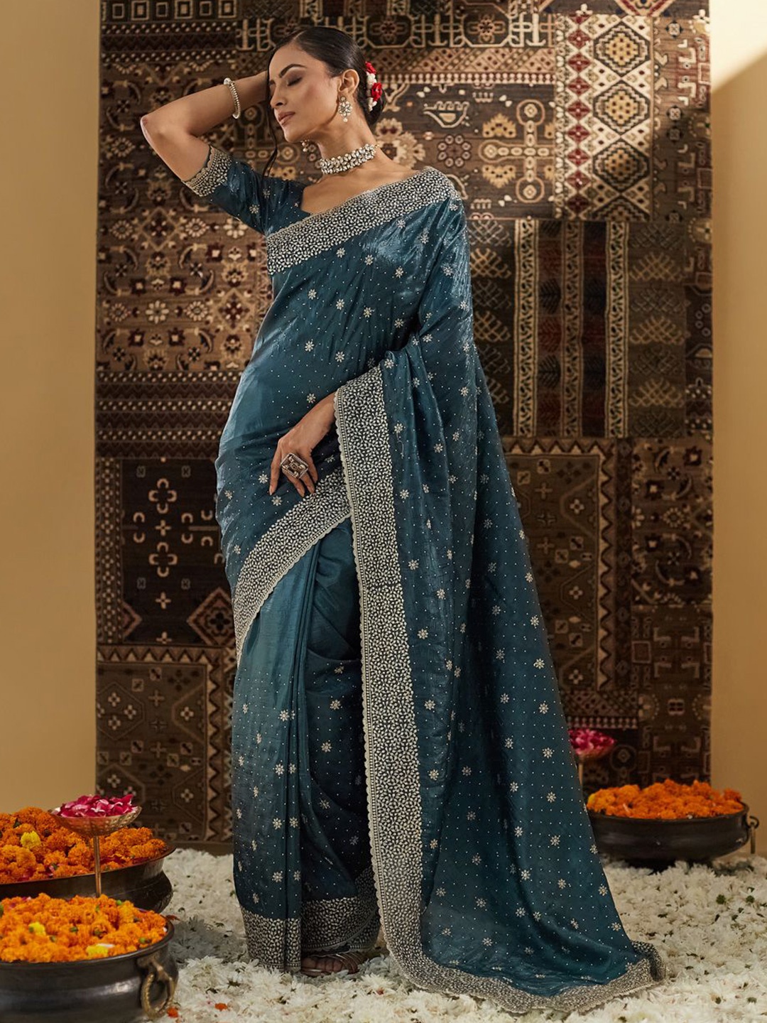 

kasee Floral Embroidered Silk Blend Saree, Blue