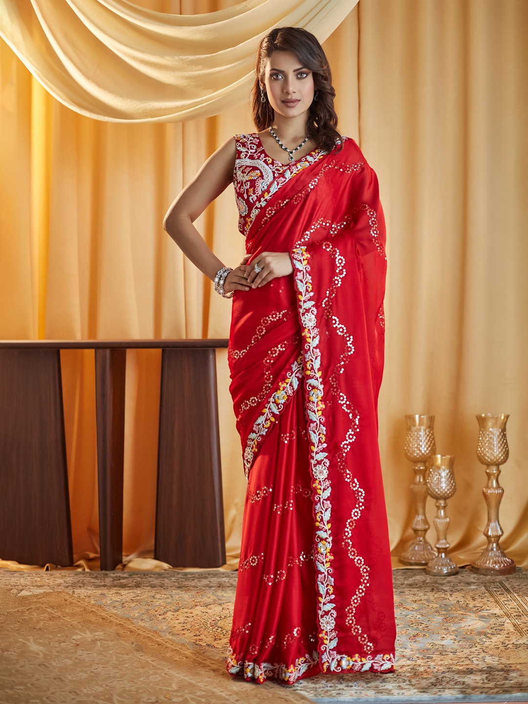

kasee Ethnic Motifs Kutchi Embroidery Pure Silk Saree, Red