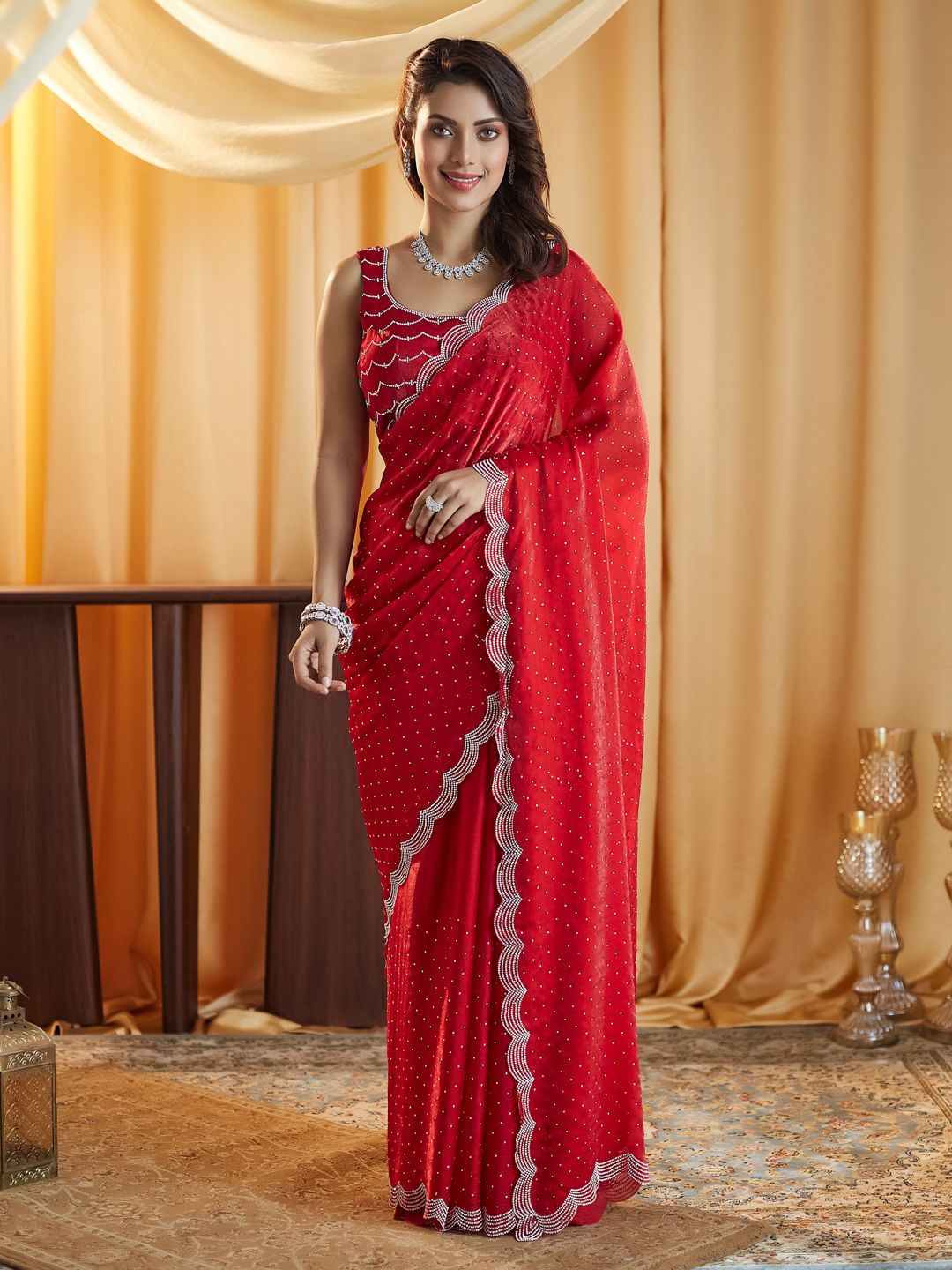 

kasee Embellished Beads and Stones Pure Silk Saree, Red