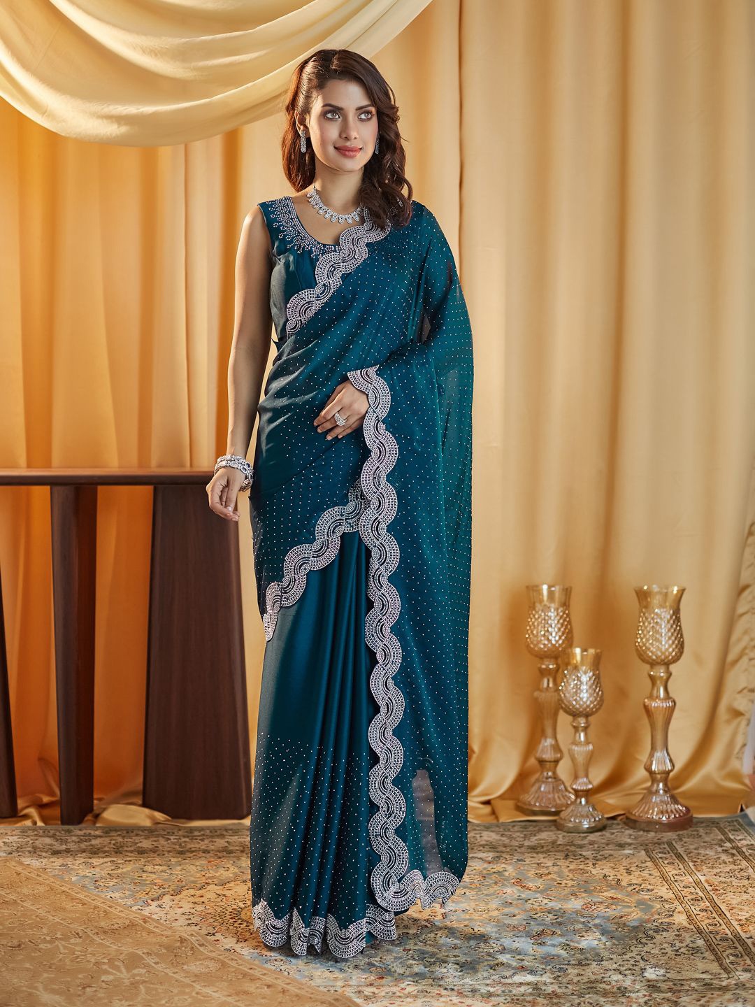 

kasee Embellished Beads and Stones Silk Blend Saree, Teal