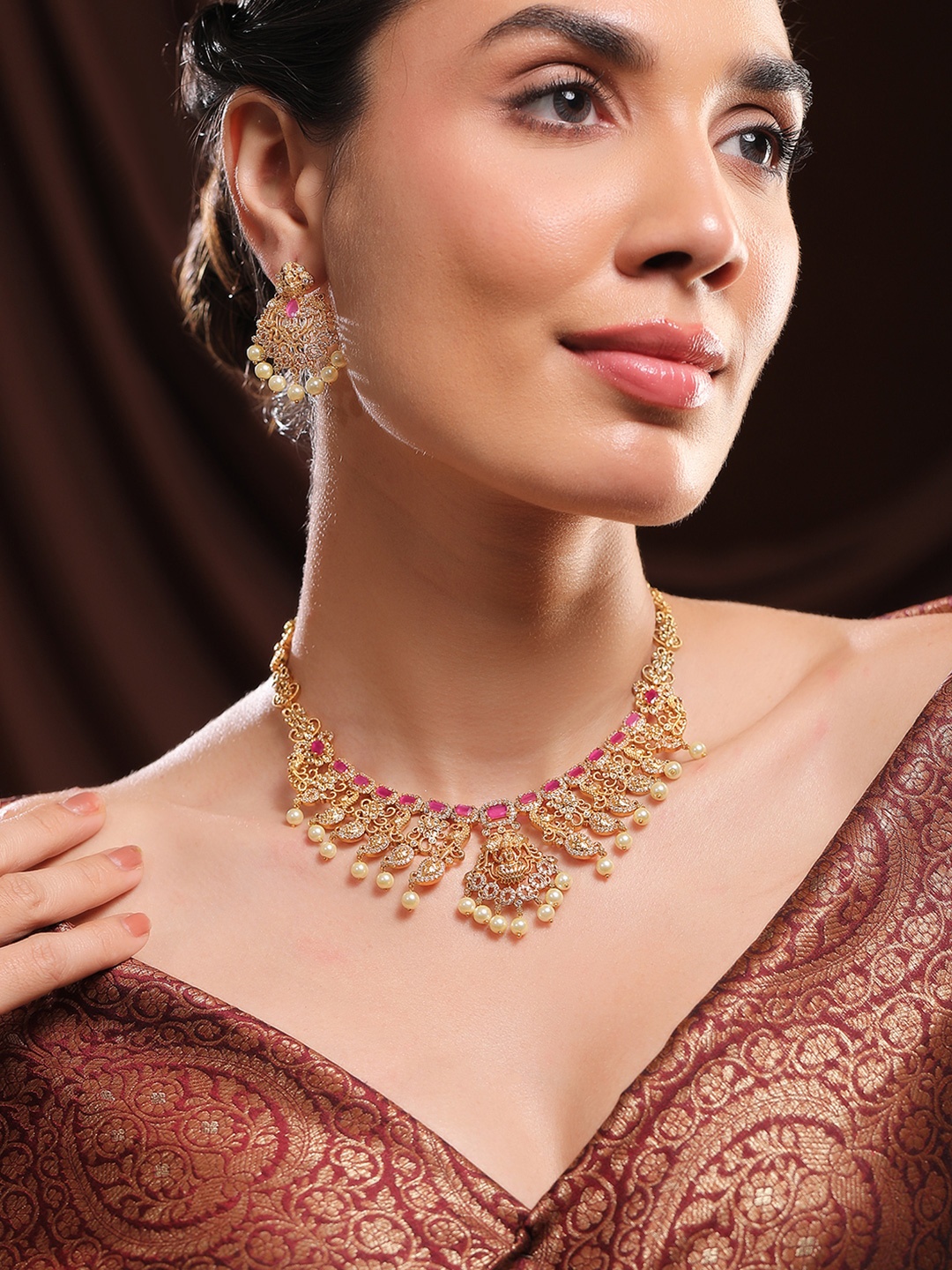 

Rubans 24K Gold-Plated Ruby & Cubic Zirconia Divine Lakshmi Temple Jewelry Set with Pearls