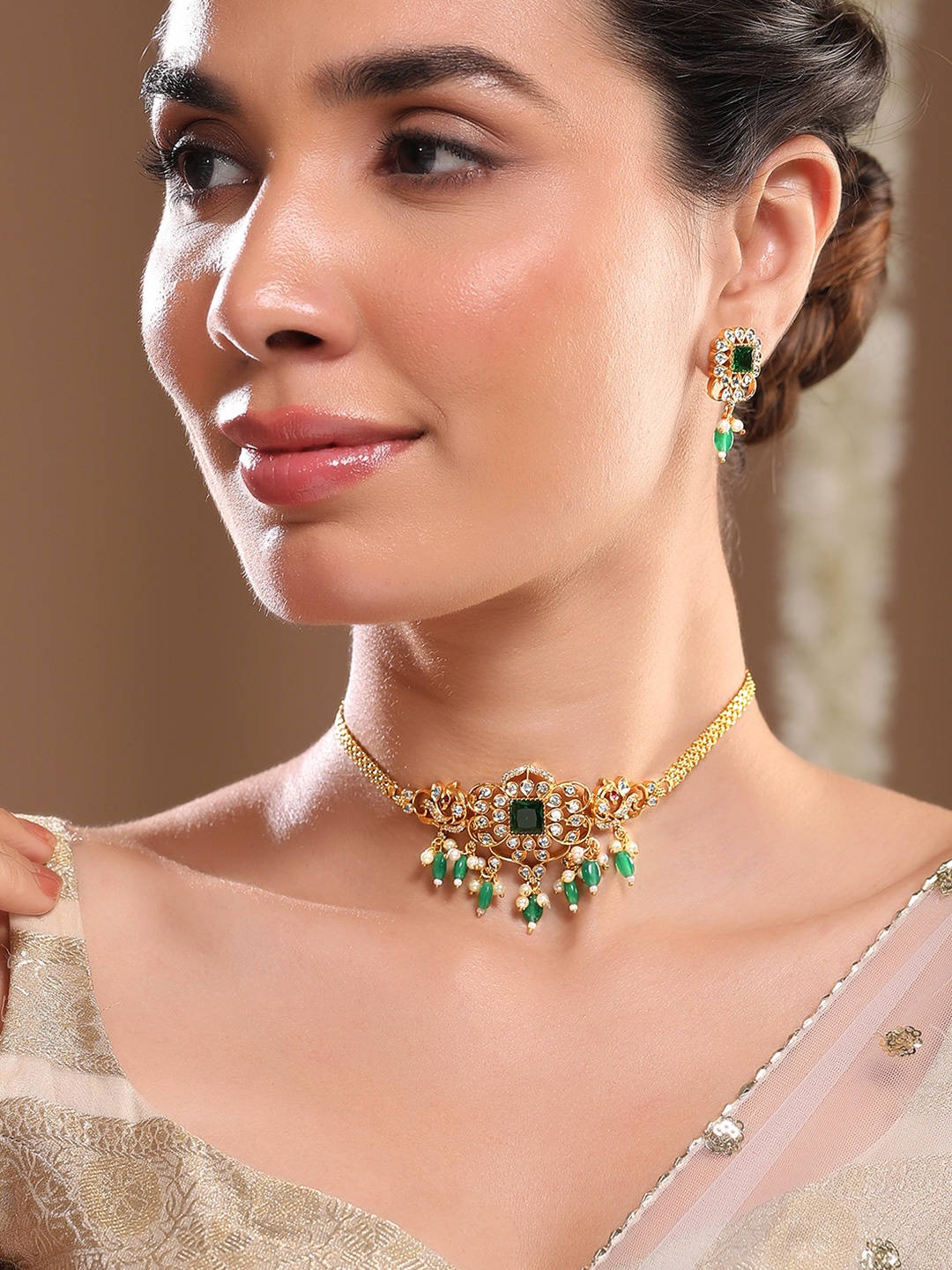 

Rubans 22K Gold Plated Emerald & CubicZirconia Studed Green & Pearl Beads Drop Choker Set