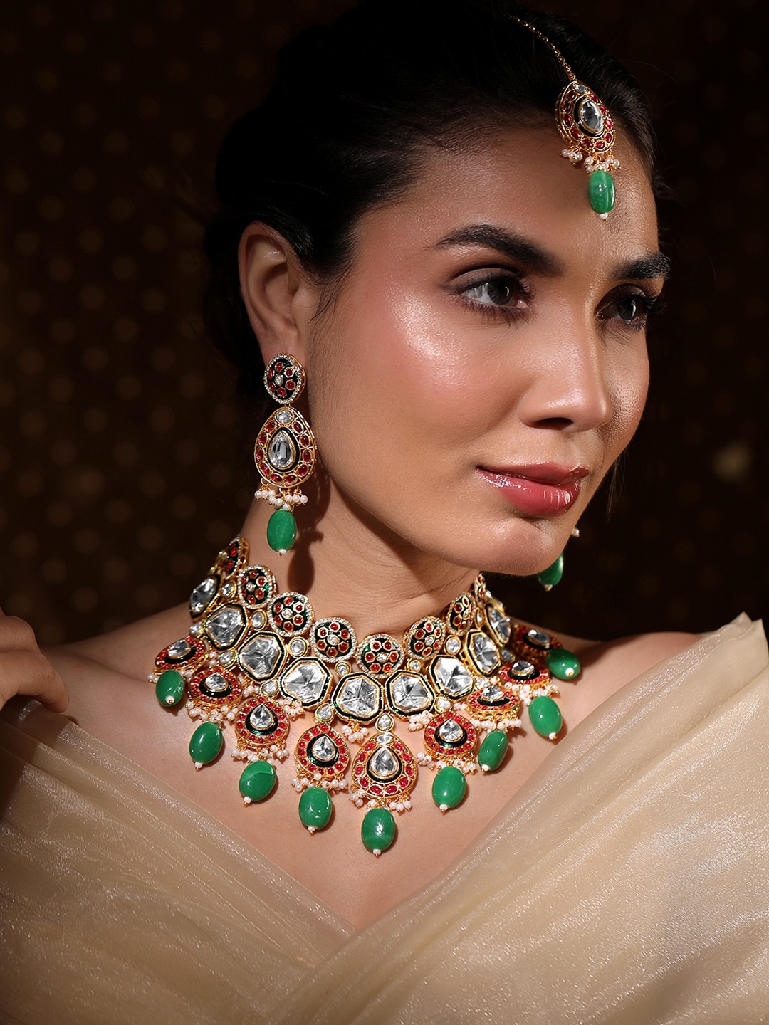 

Rubans 22K Gold-Plated Kundan Ruby & Green Beaded Bridal Choker Necklace Set