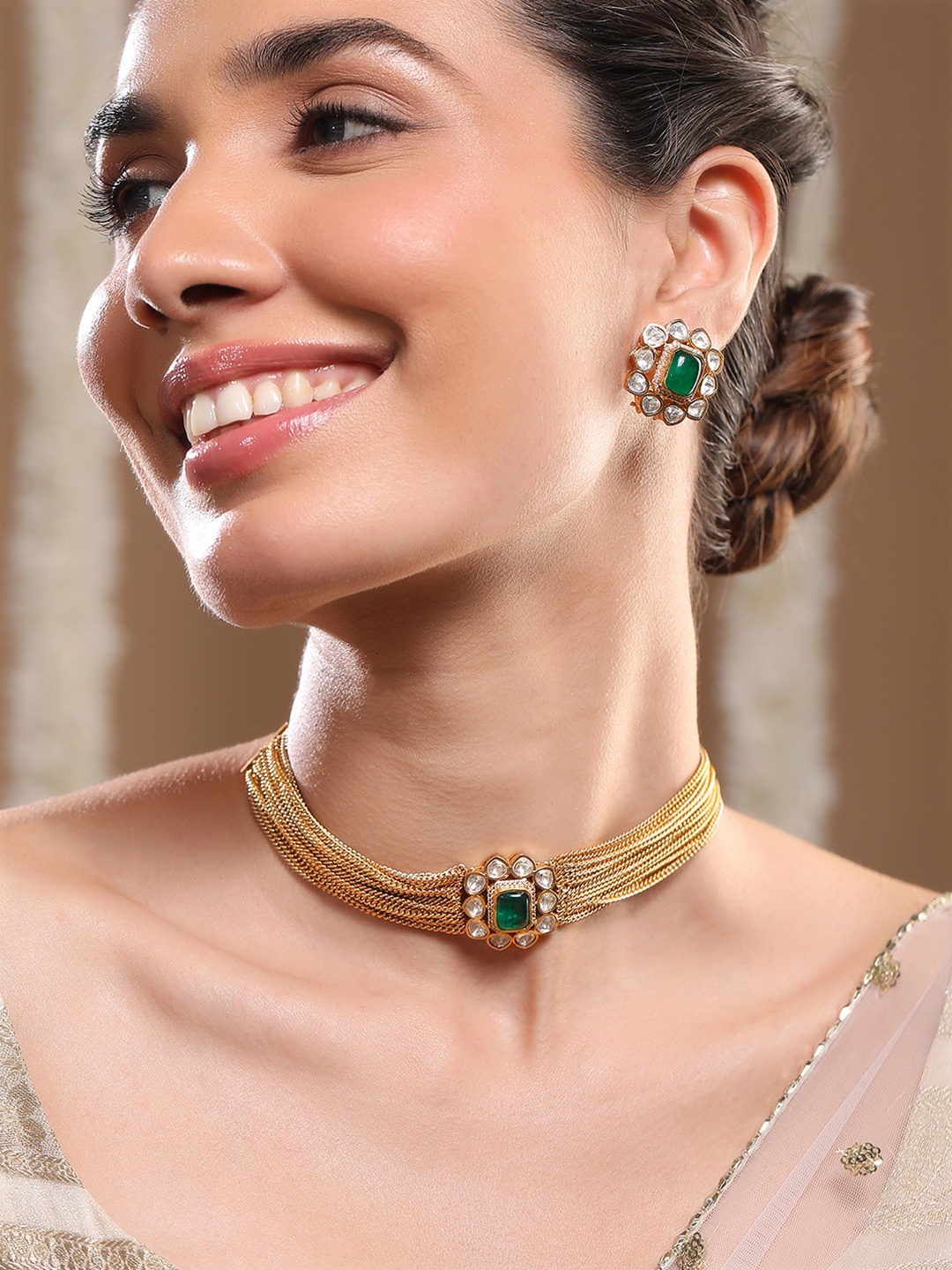 

Rubans 24K Gold-Plated Emerald Green & Kundan Studded Choker Set with Floral Stud Earrings