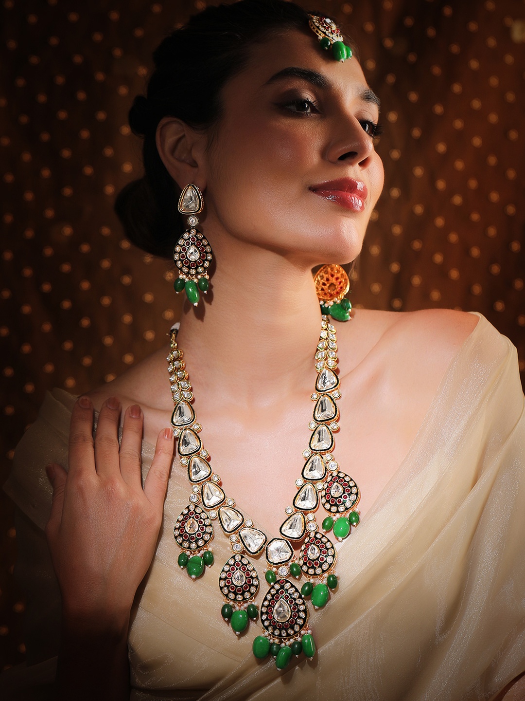 

Rubans 22K Gold-Plated Kundan & Ruby Stone Studded & Green Beaded Bridal Necklace Set