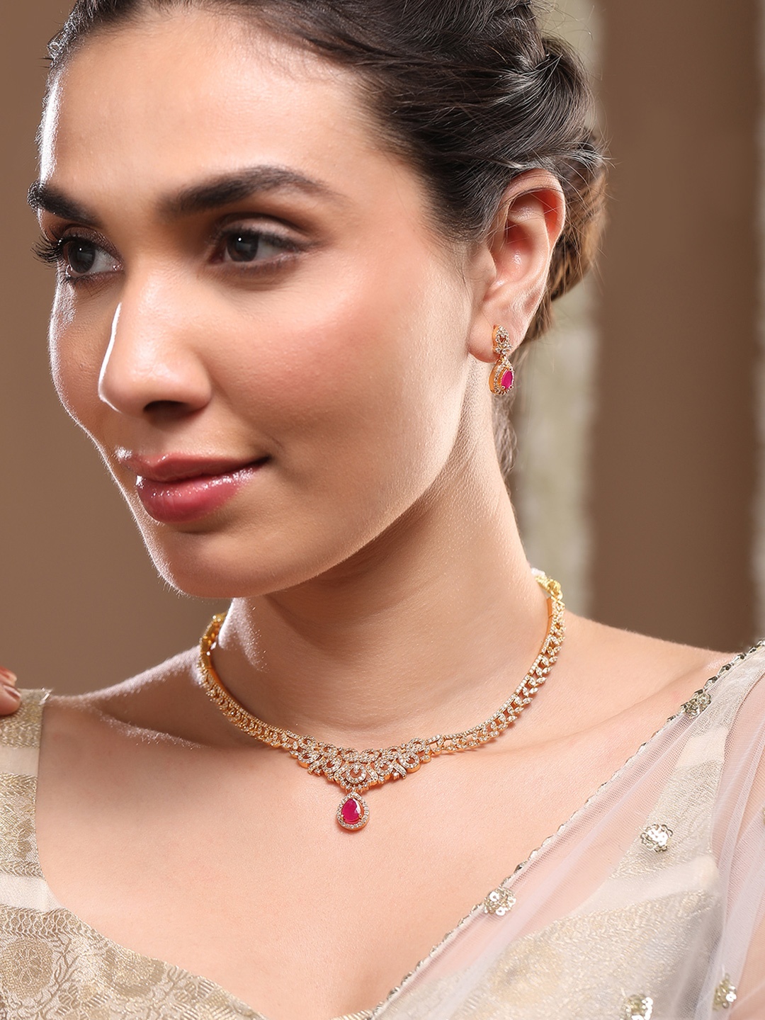 

Rubans 22K Gold-Plated Ruby Red & Cubic Zirconia Studded Traditional Necklace Set