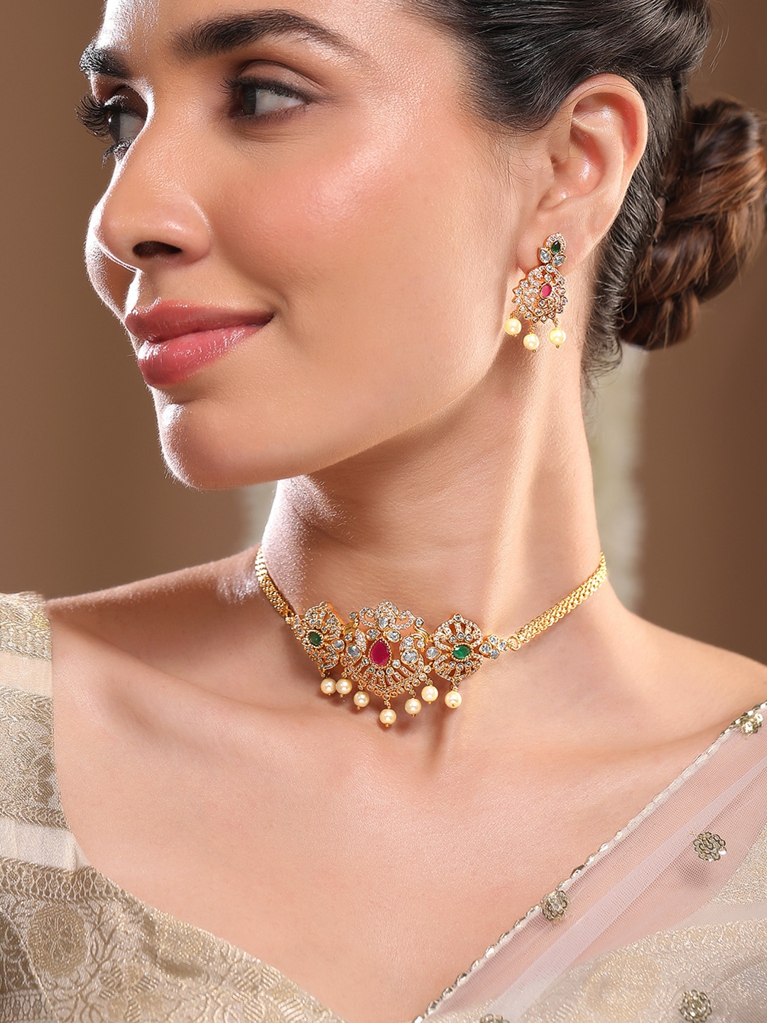 

Rubans 22K Gold Plated Ruby, Emerald & Cubic Zirconia Studded Choker Set with Pearl Drops