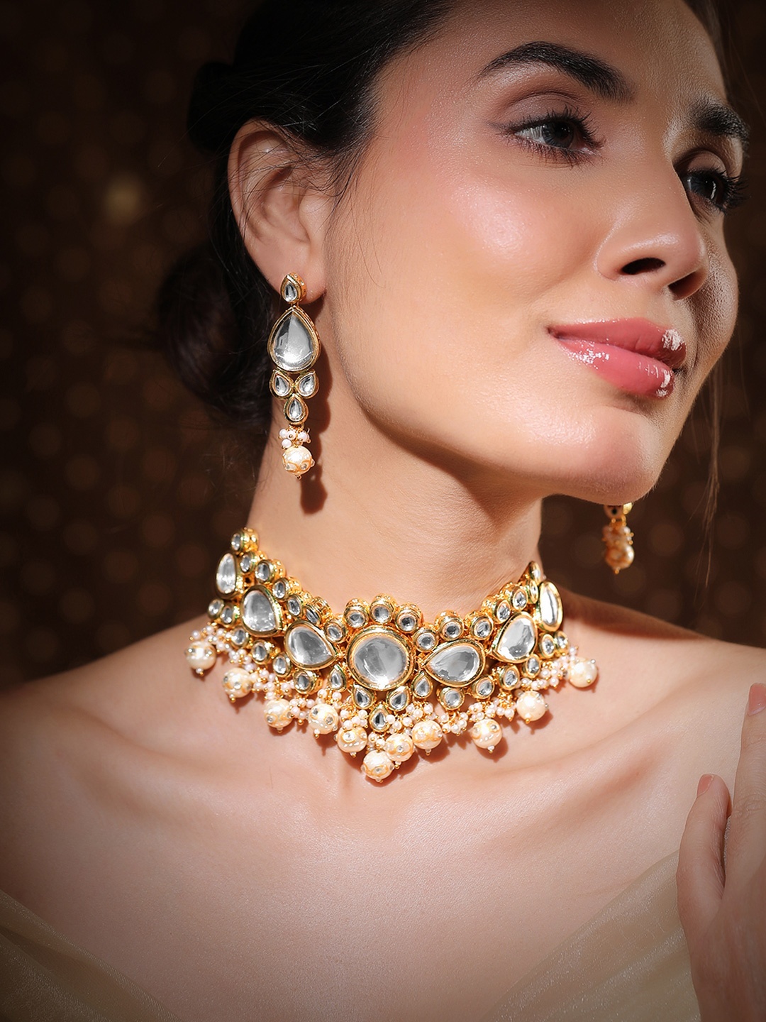 

Rubans 22K Gold-Plated Glossy Pearl Beaded Kundan Handcrafted Choker Necklace Set