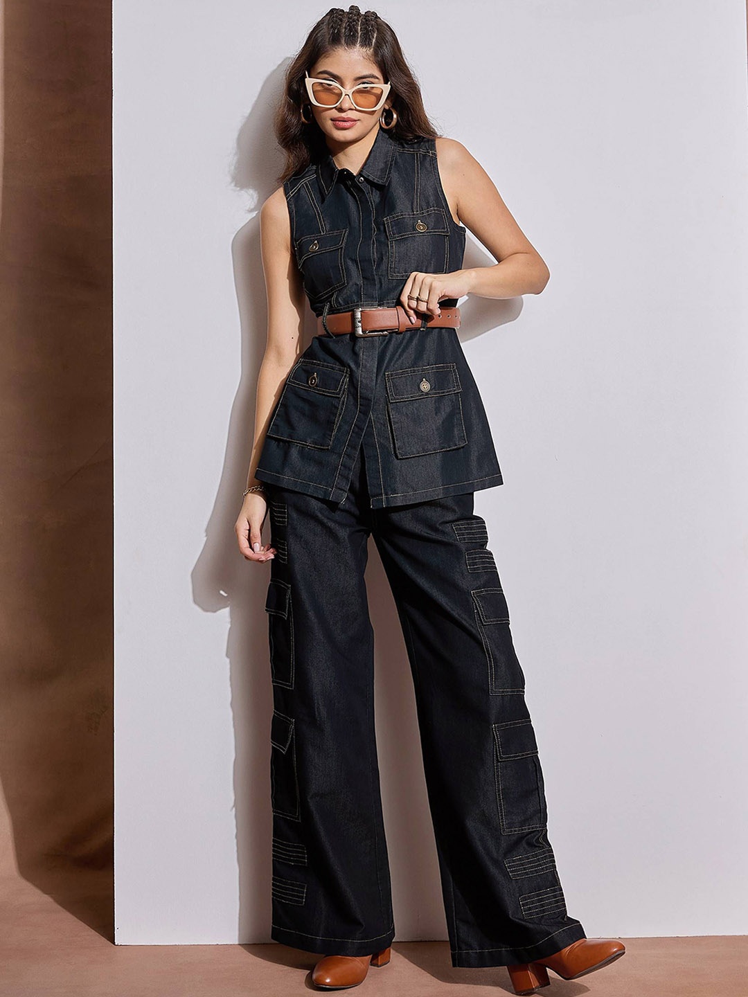 

SASSAFRAS Shirt Collar Top With Trousers Co-Ords, Black