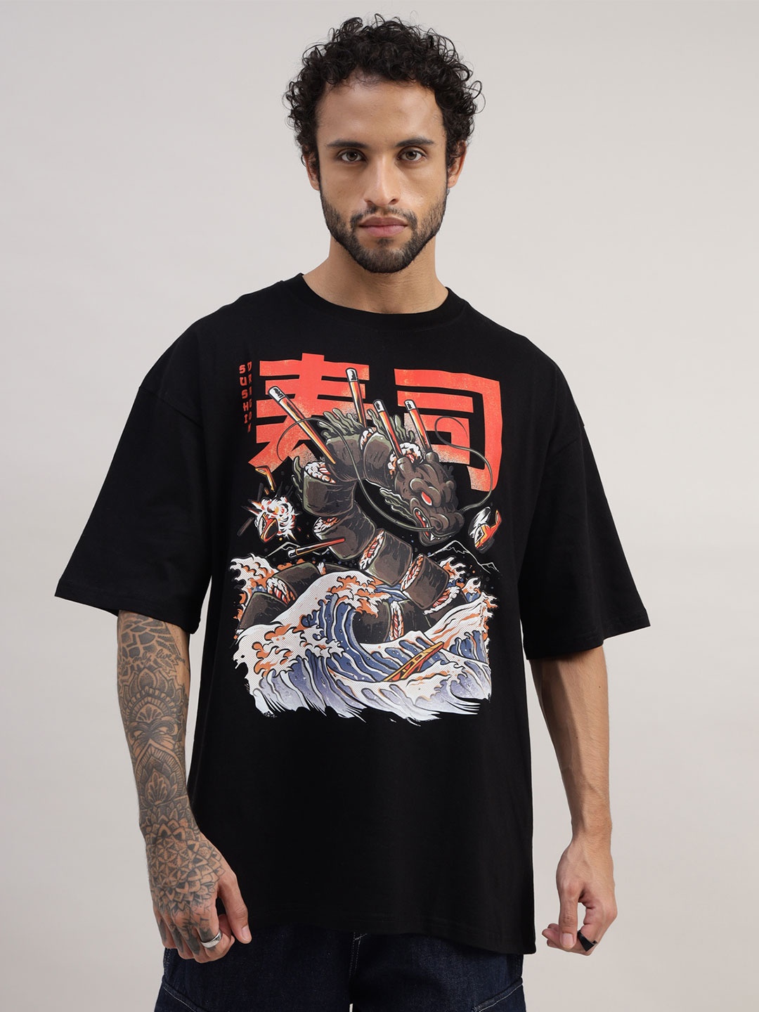 

THREADCURRY Oversized Printed T-shirt, Black