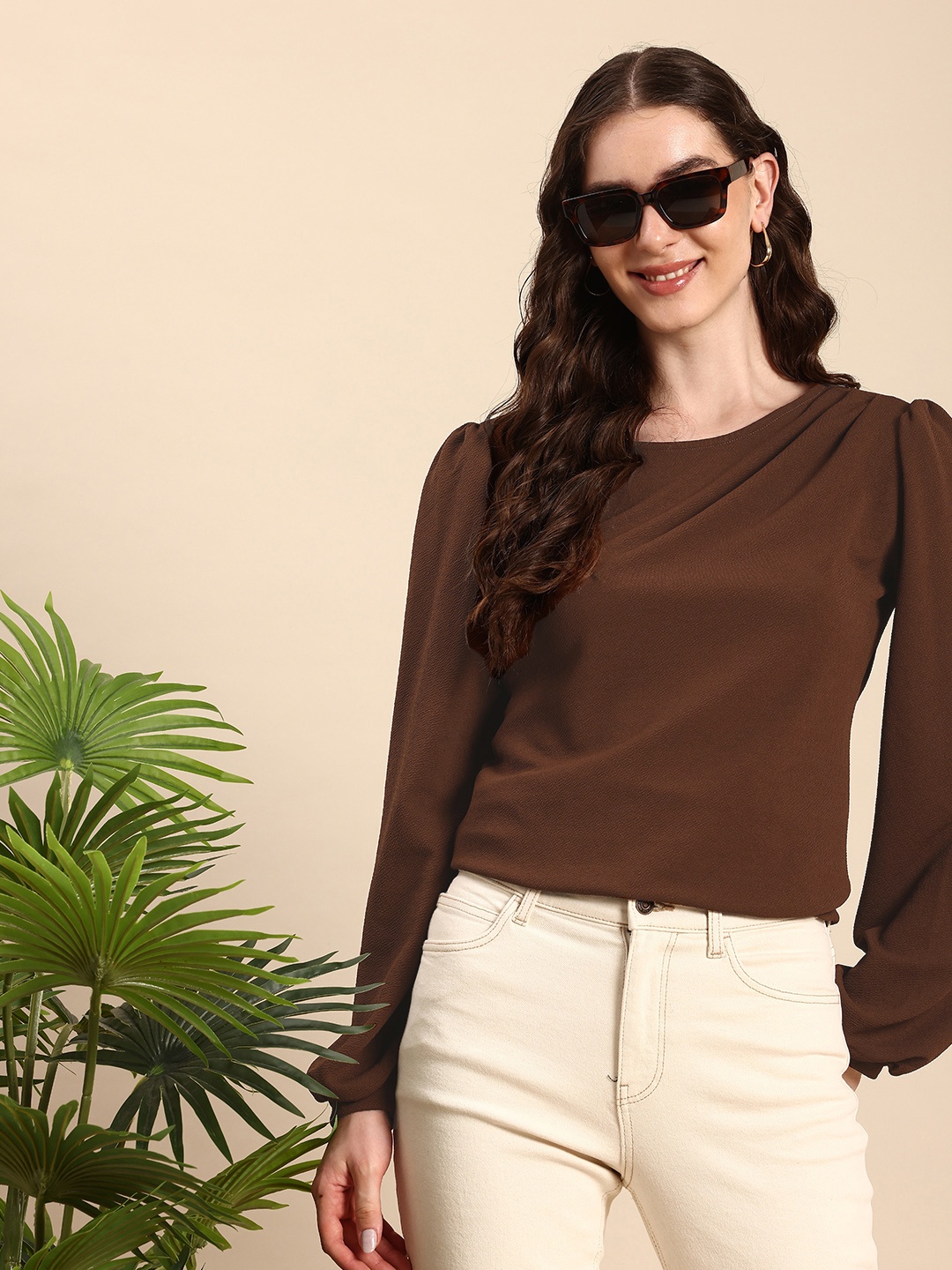 

Mast & Harbour Puff Sleeves Top, Brown