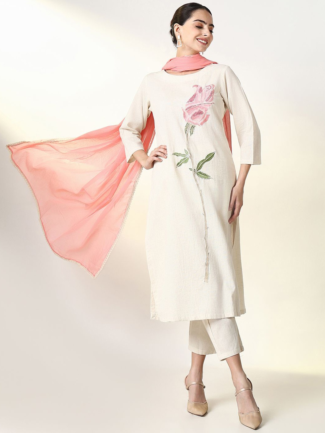

SHOWOFF Women Embroidered Regular Thread Work Kurta with Trousers & With Dupatta, Off white