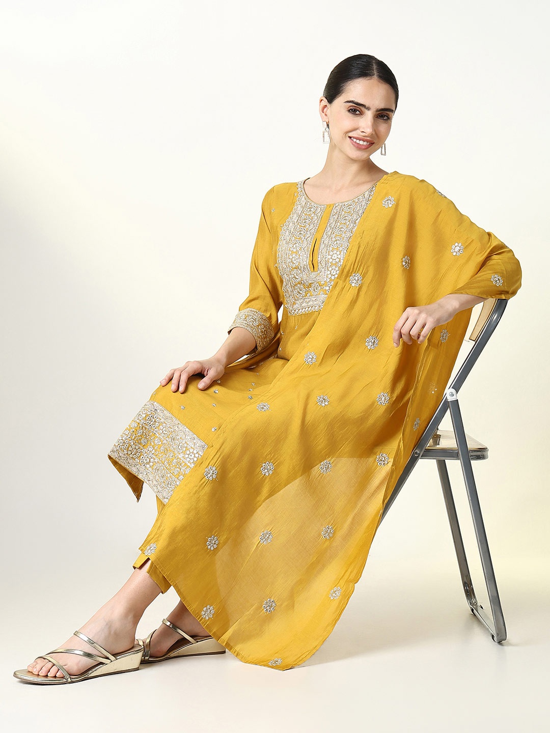 

SHOWOFF Women Embroidered Regular Sequinned Kurta with Trousers & With Dupatta, Yellow