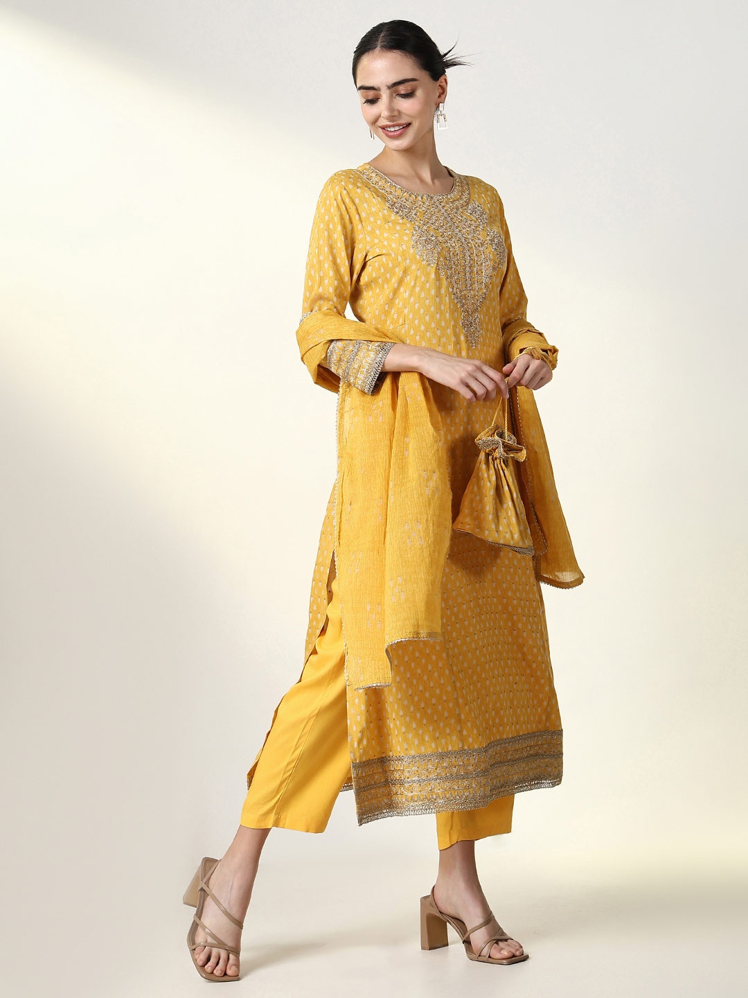 

SHOWOFF Women Ethnic Motifs Printed Regular Thread Work Kurta with Trousers & With Dupatta, Yellow