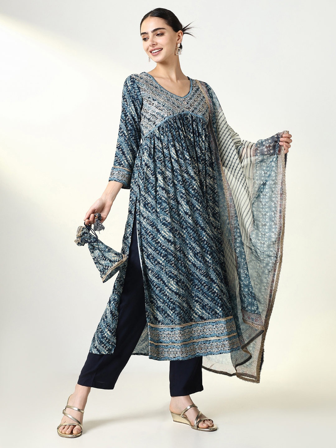 

SHOWOFF Women Ethnic Motifs Printed Empire Thread Work Kurta with Trousers & With Dupatta, Navy blue