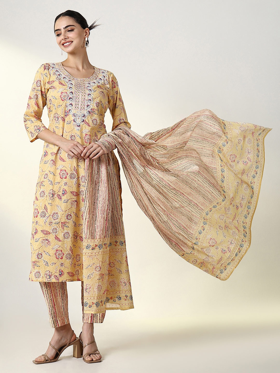 

SHOWOFF Women Floral Printed Regular Thread Work Kurta with Trousers & With Dupatta, Yellow