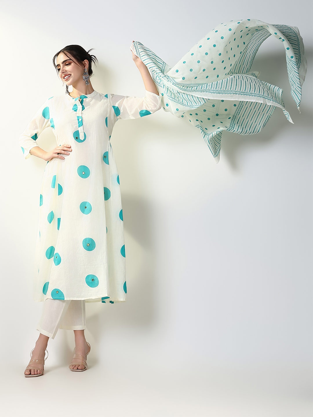 

SHOWOFF Women Printed Regular Mirror Work Kurta with Trousers & With Dupatta, Cream