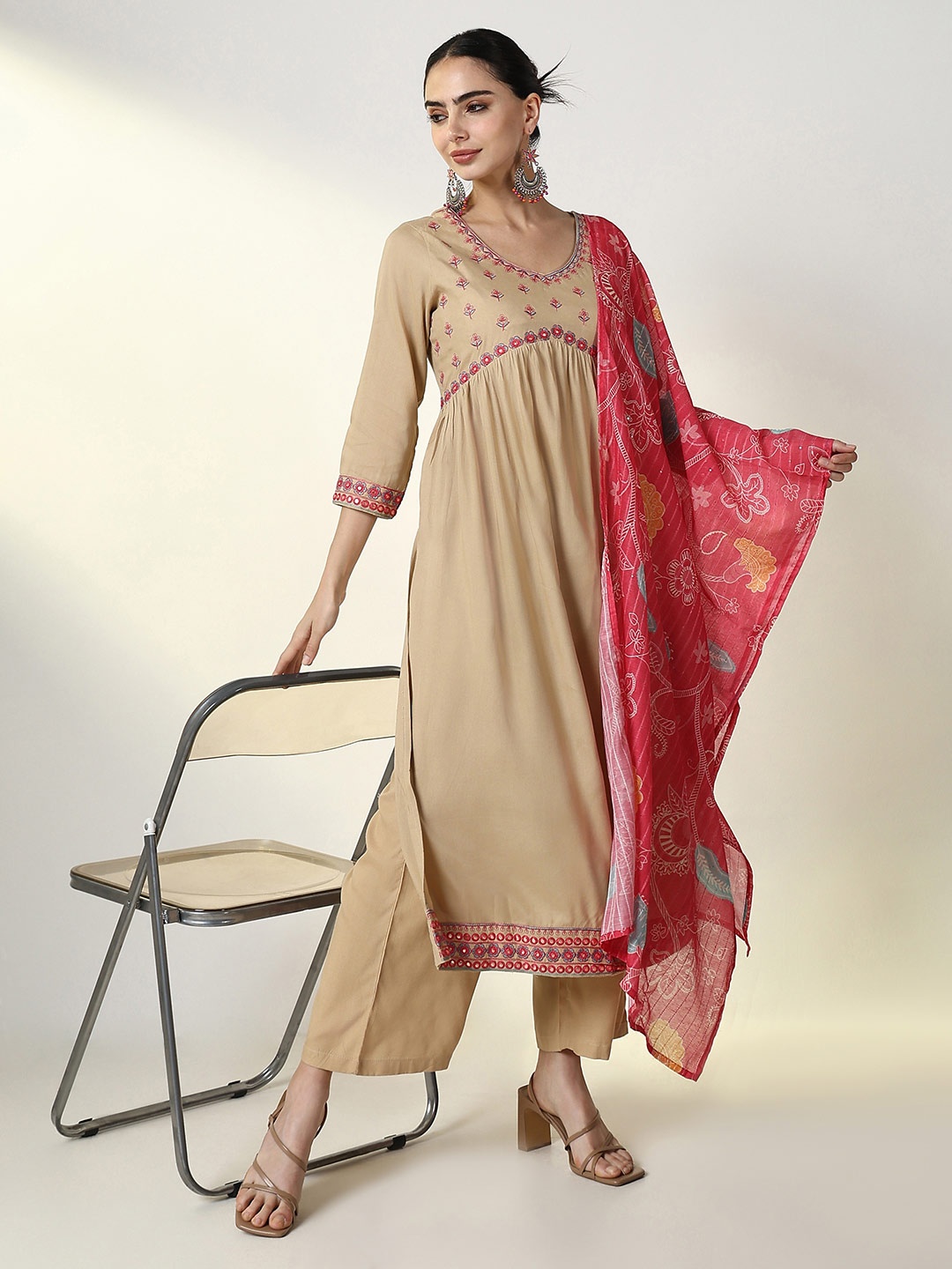 

SHOWOFF Women Ethnic Motifs Embroidered Pleated Thread Work Kurta with Trousers & With Dupatta, Beige