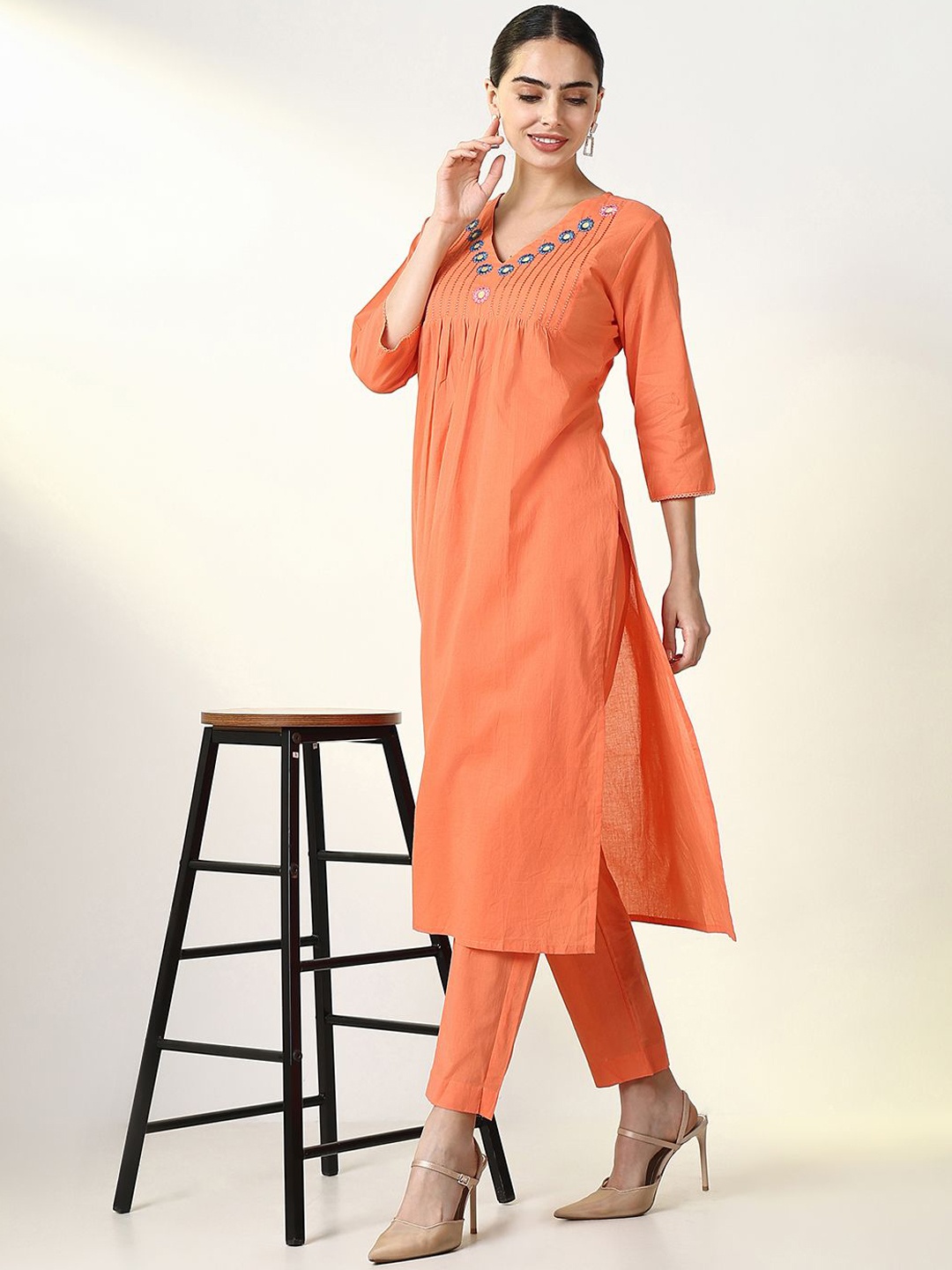 

SHOWOFF Women Embroidered Regular Mirror Work Kurta with Trousers, Orange