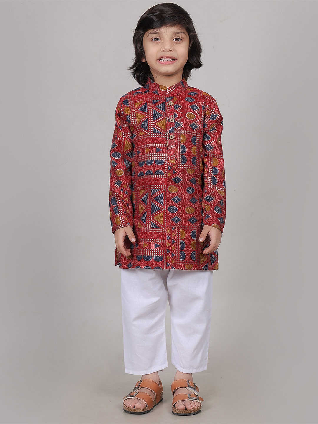 

AHC Unisex Kids Printed Regular Pure Cotton Kurta with Pyjamas, Red