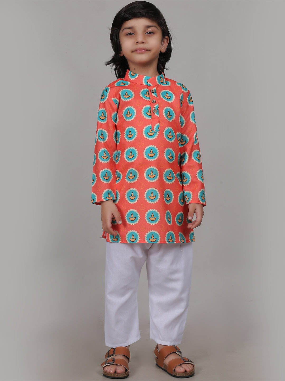 

AHC Unisex Kids Ethnic Motifs Printed Regular Pure Cotton Kurta with Pyjamas, Orange