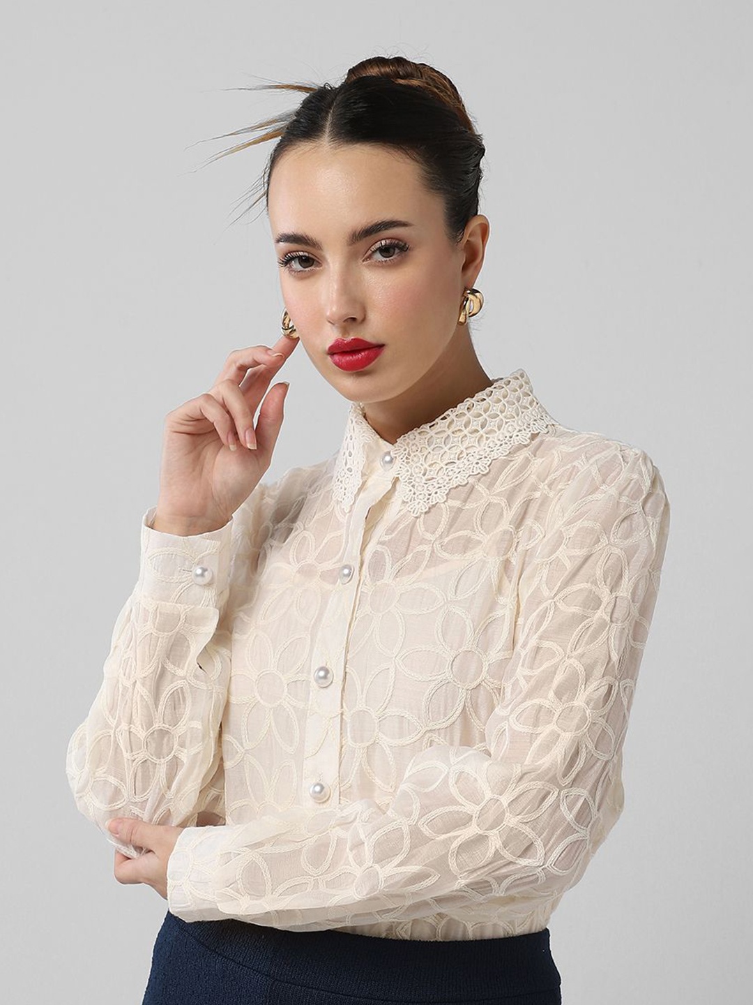 SHOWOFF Women Comfort Floral Semi Sheer Casual Shirt, Cream