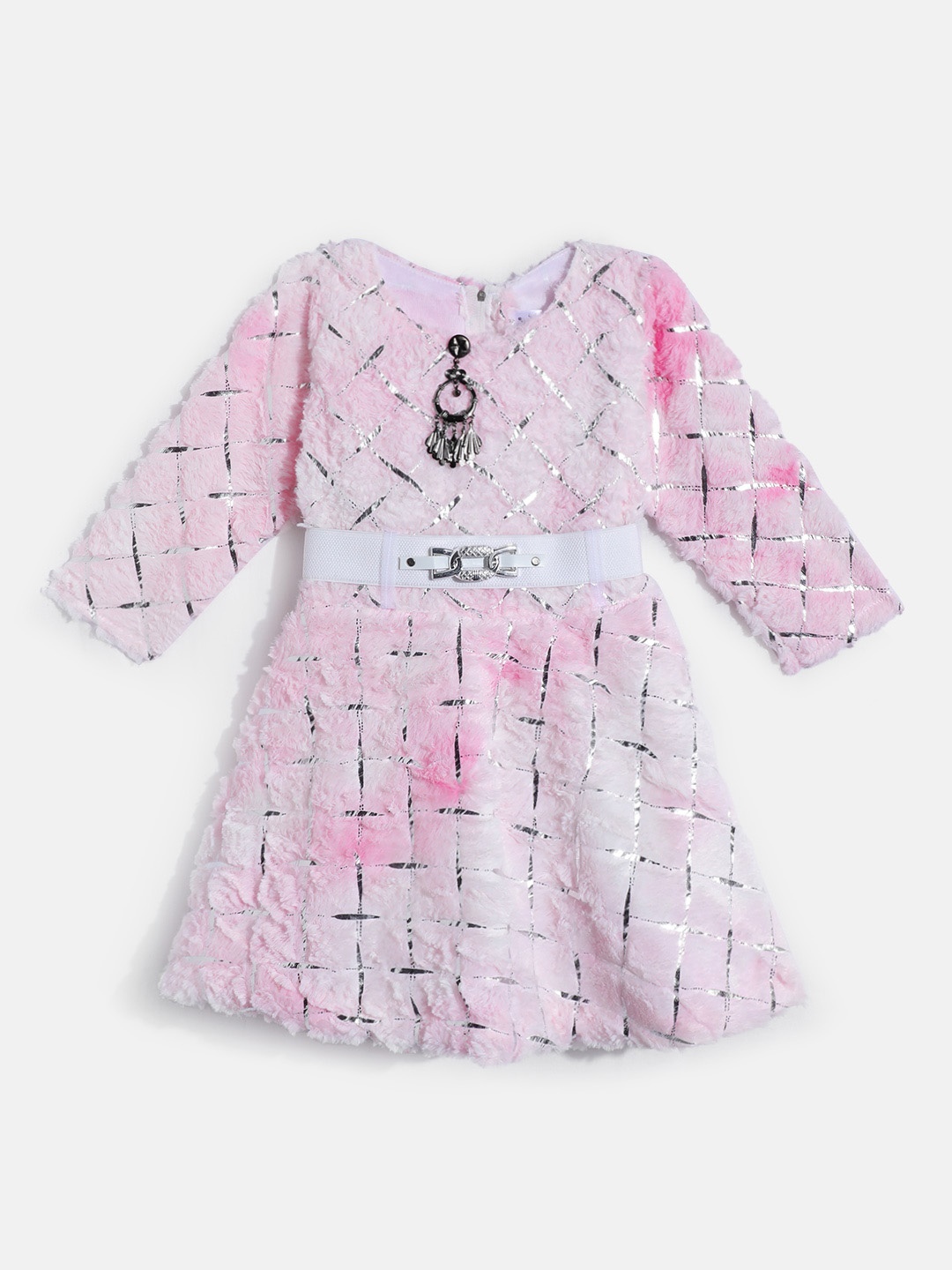 

Aarika Checked Woollen A-Line Midi Dress With Belt, Pink