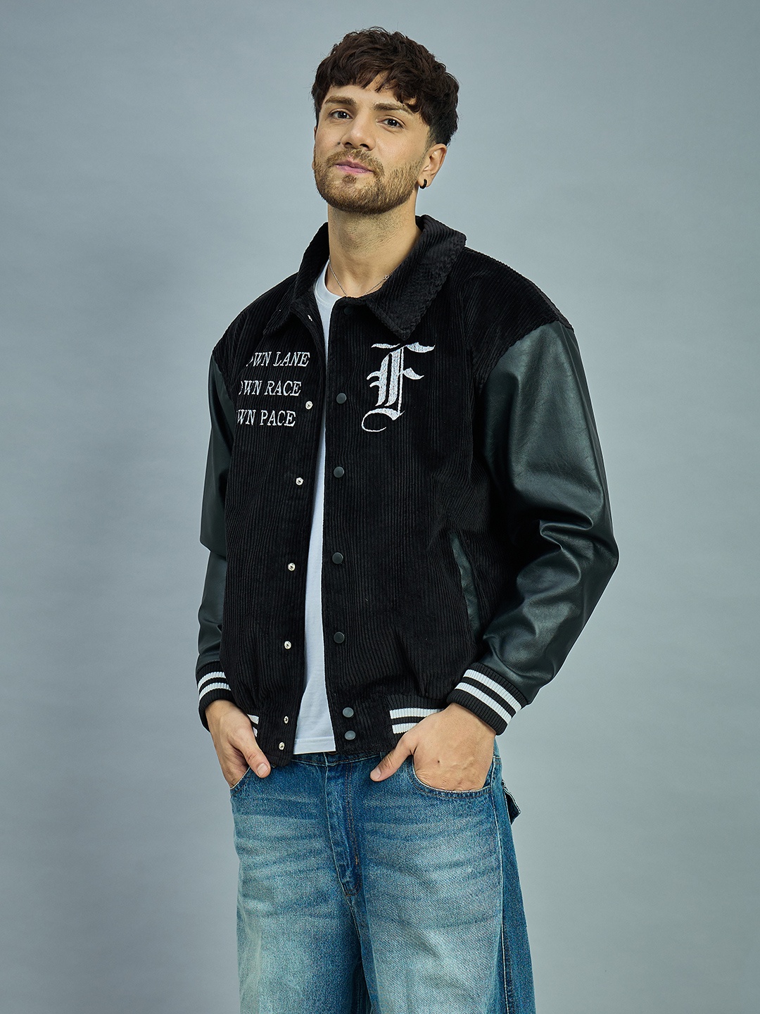 

FUGAZEE Men Brand Logo Corduroy Varsity Jacket, Black