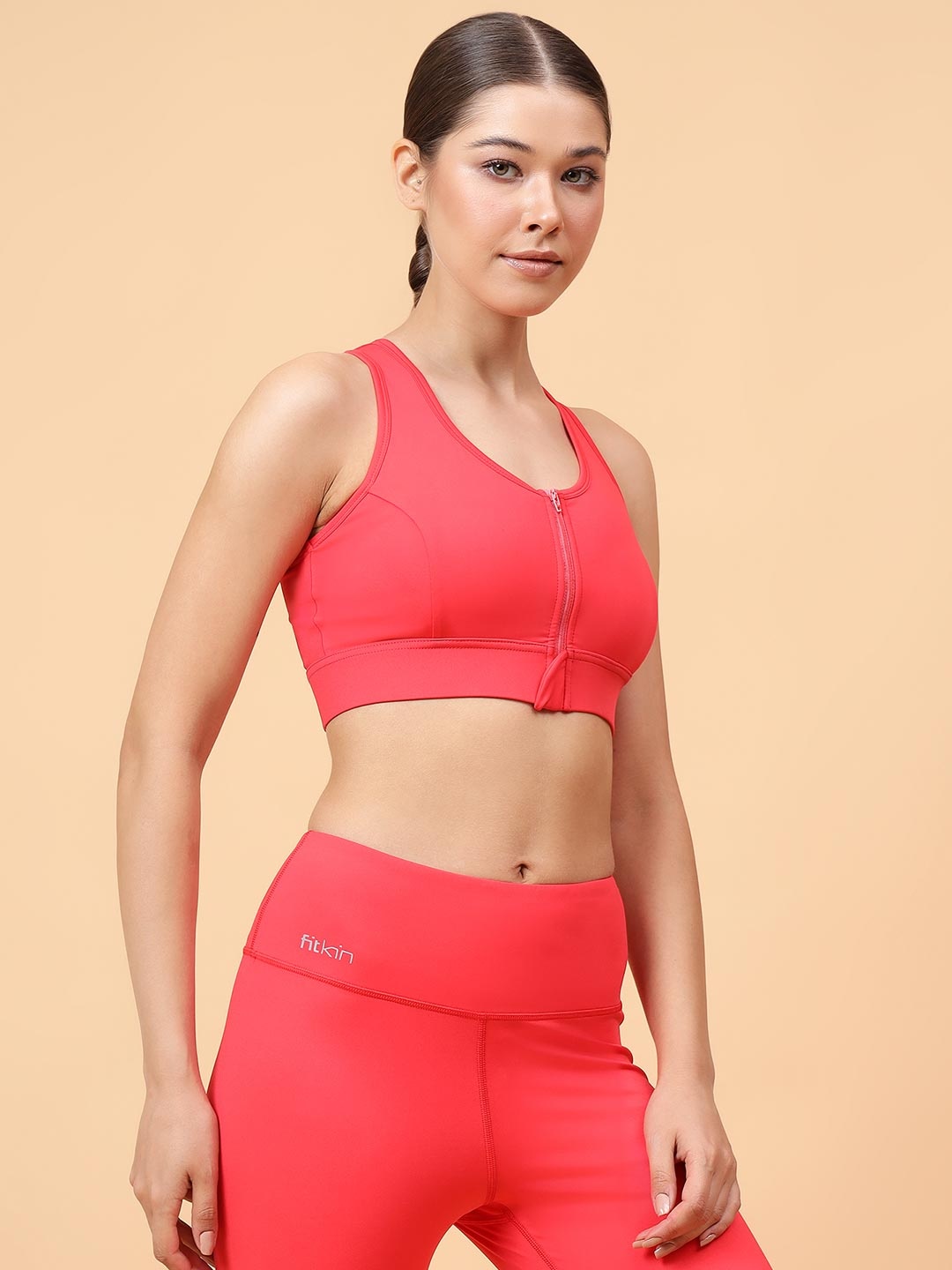 

Fitkin Women Front Zipper Sports Bra, Red