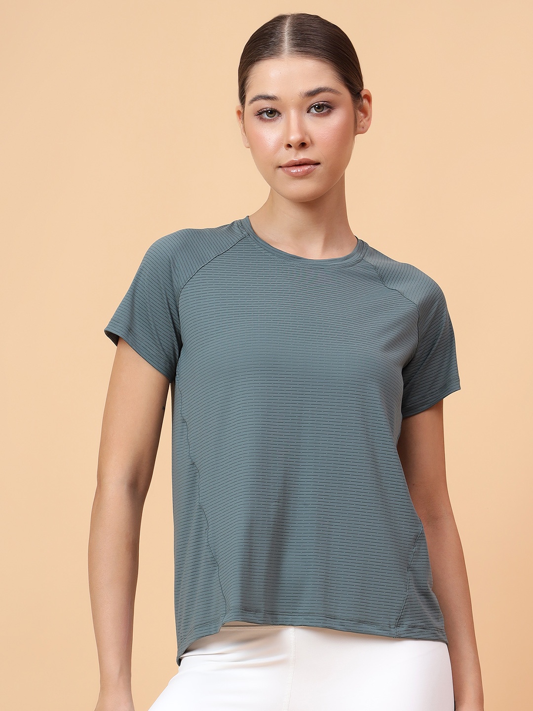 

Fitkin Women Green Self Stripe Round Neck T-Shirt