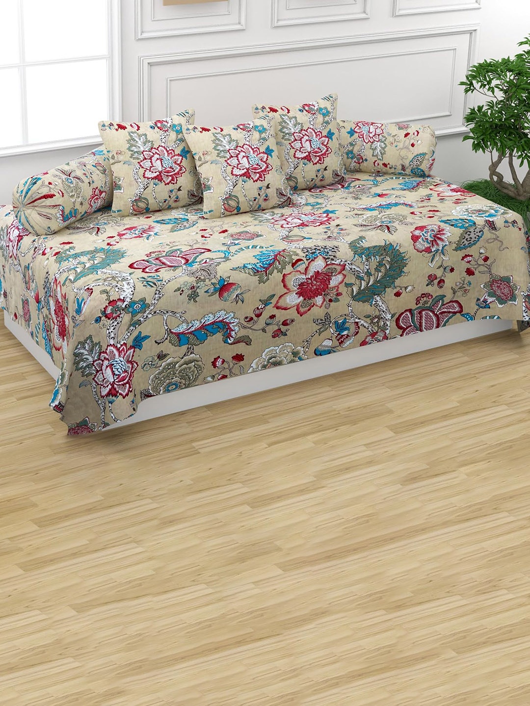 

Trance Home Linen Set Of 6 Cream & Red Floral-Printed 200 TC Diwan Set